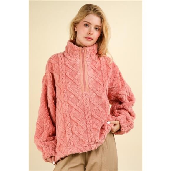 Very J Sweaters - NWT ⭐  VERY J Fuzzy Fleece Half Zip Cable Pattern Sweatshirt, Cozy, Warm, Fall